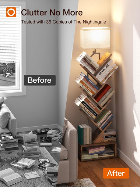 addlon 6-Tier Tree Book Shelf with LED Light, Steel&Wood Bookshelf with Storage Cabinet, Narrow Tall Bookcase with 3CCT Bulb, Small Bookshelf for Bedroom, Home Office&Living Room-Rustic Brown addlon