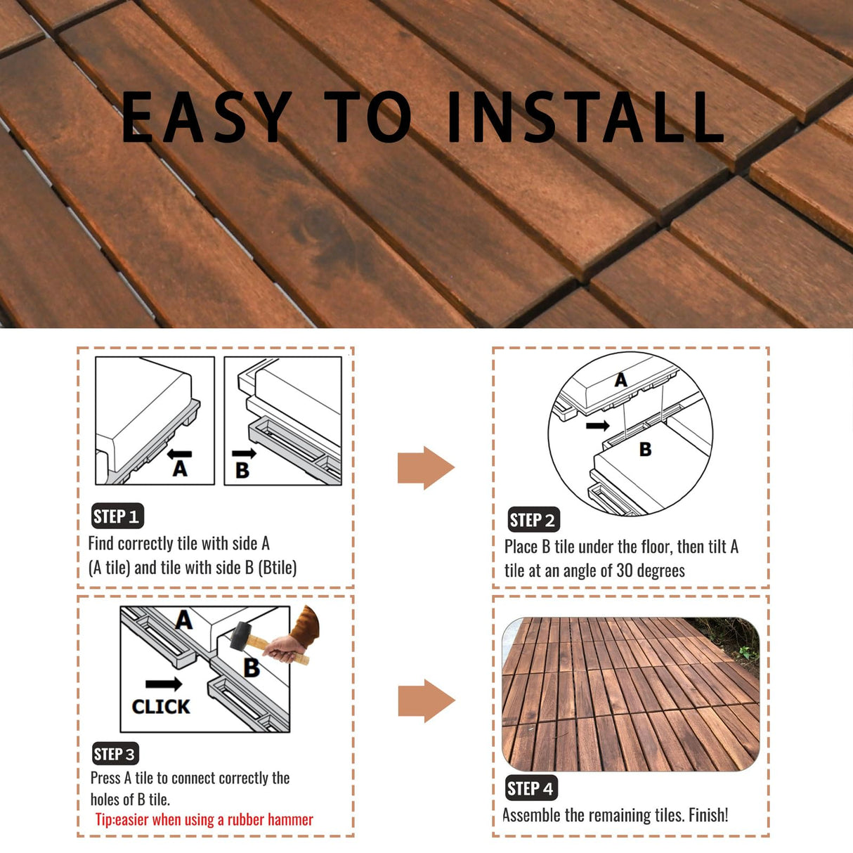 Deck Tiles - Pack of 10 Waterproof Acacia Wood Patio Tiles, Flooring Tiles for Indoor and Outdoor - Decking Stripe Pattern, Dark Brown, 12 x 12 x 1.7 inches SweetGO corporation