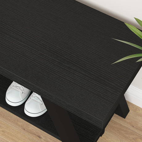 LVB Black Bench, Modern Storage Bench for Bedroom, Wood Metal Entryway Bench for Hallway Dining Living Room, Famrhouse Shoe Rack Indoor Accent Seating Bench for Foyer Entrance, Black Oak, 47 Inch Long LVB