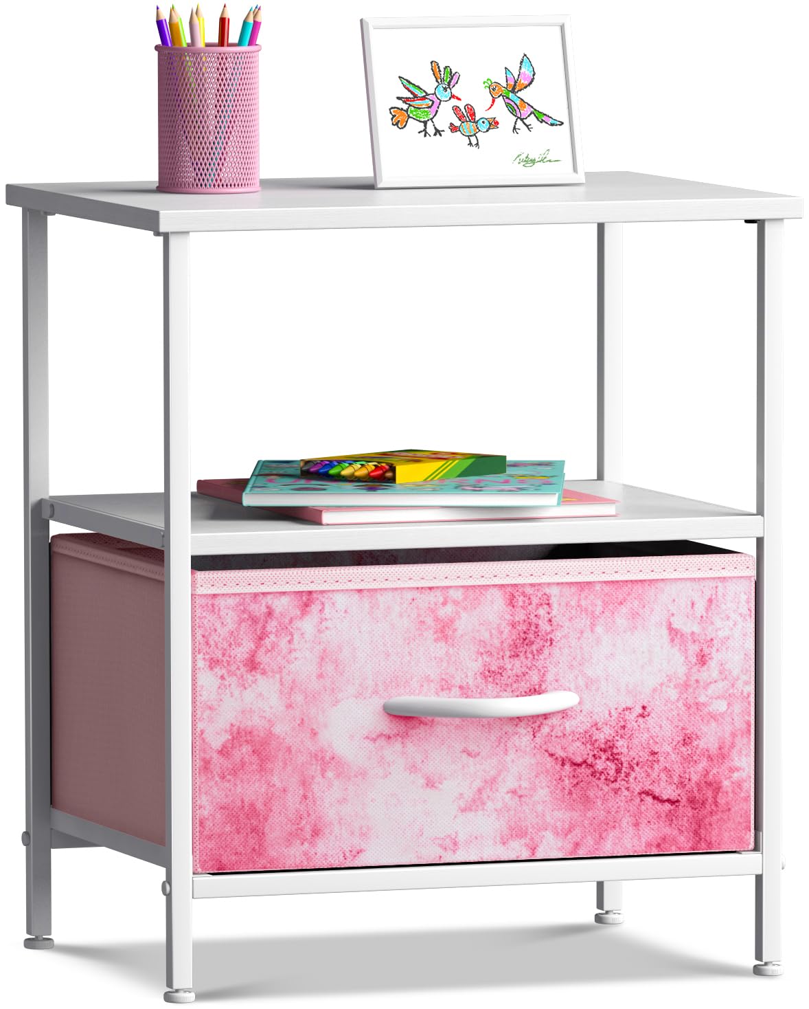 Sorbus 1 Drawer Shelf Storage Nightstand - Kids Bedside Furniture End Table Night Stand with Steel Frame Wood Top & Easy Pull Fabric Bins. Dresser & Chest for Home Bedroom Accessories Office & College Sorbus