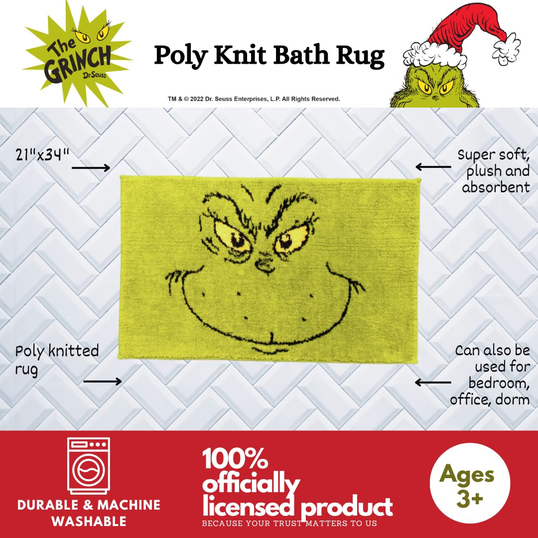 Franco Collectibles Grinch by Dr. Seuss Holiday & Christmas Non Slip Plush Poly Knit Bathroom Mat Rug, 21x34, (Officially Licensed Product) Franco