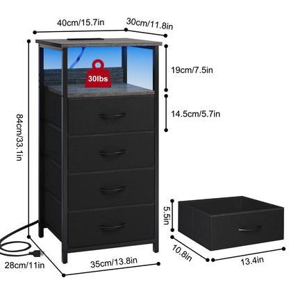 Fixwal Dressers for Bedroom Night Stand with Charging Station, LED Tall Nightstand with USB Ports and Outlets, 4 Fabric Storage Drawers with PU Finish, Small Dresser Bed Side Table, Charcoal Gray