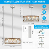 XINGQI 21.7'' Modern Farmhouse Chandelier, Drum Ceiling Light Fixture for Living Dining Room Over Table, 5 Lights Antique Wood Grain Brushed Nickel with Round Metal XINGQI