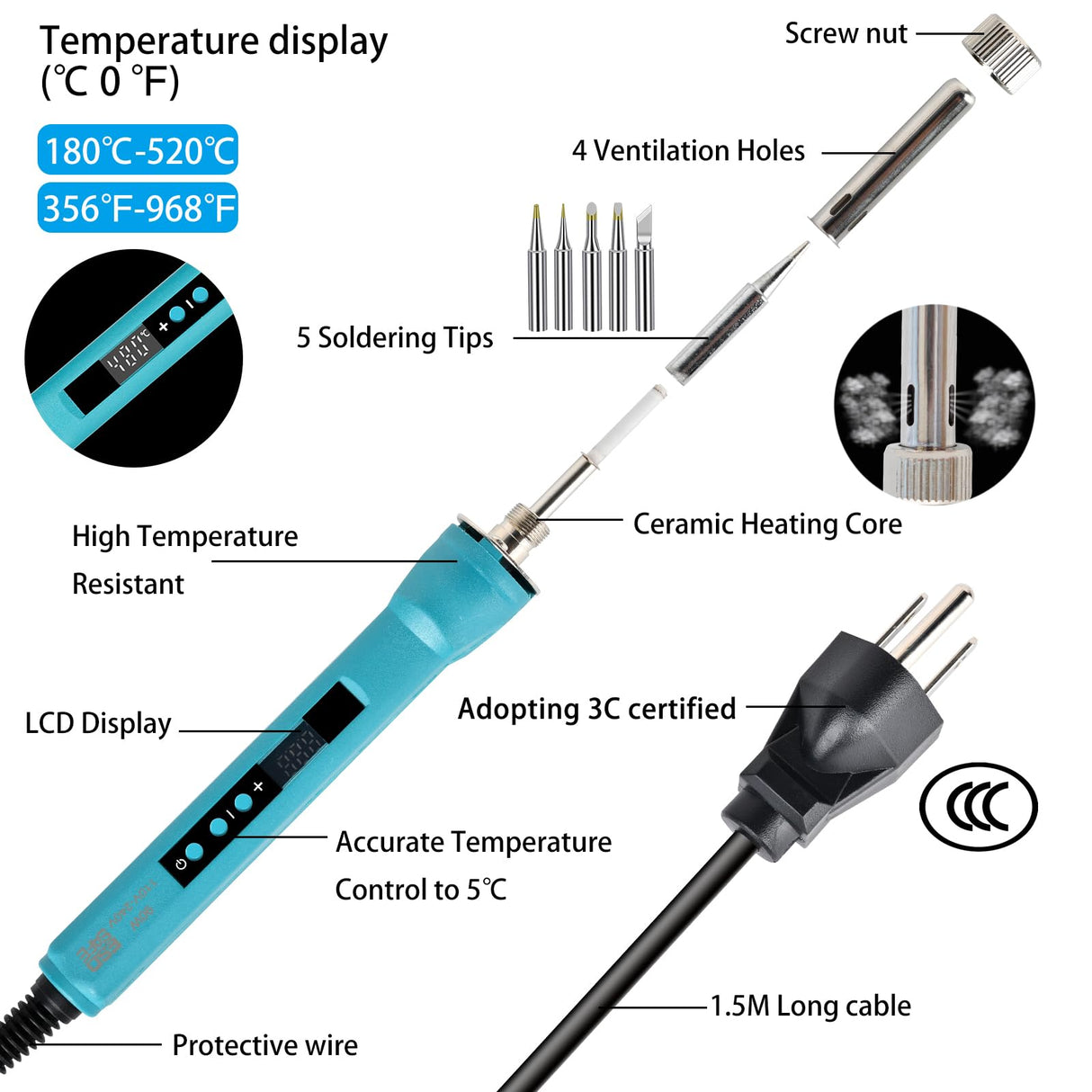 Soldering Iron Kit,90W LED Digital Soldering Gun Kits,Adjustable Temperature Soldering Welding Tool Kit with 5 Solder Iron Tips,Solder Stand,Solder Wire,Desoldering Pump, Tweezers KYZHXVO