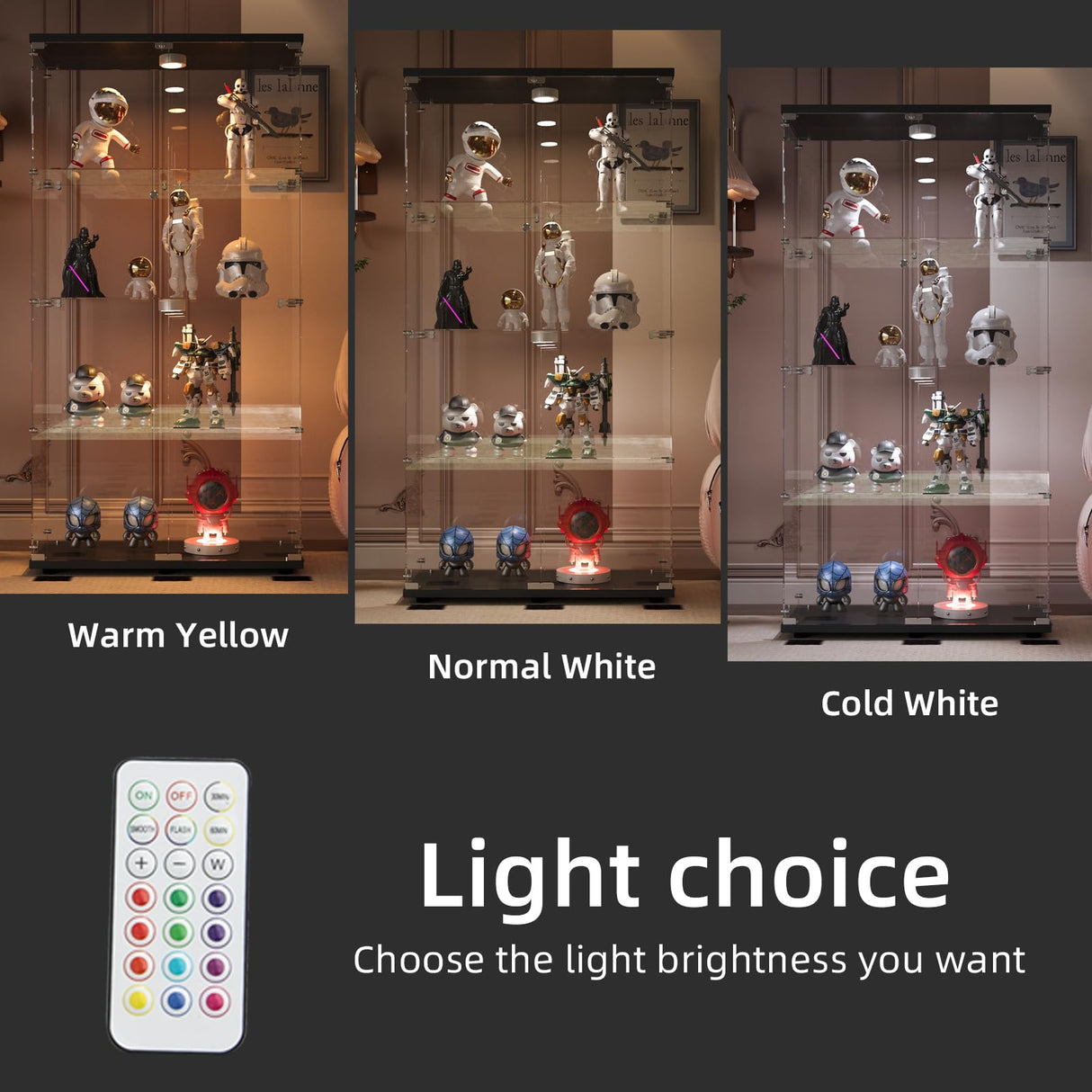 FANYUSHOW Glass Display Cabinet with LED Light, 2 Doors and Lock, Quick-Install Style 4-Shelf Curio Cabinet 5mm Tempered Glass Bookshelf for Living Room, Bedroom, 65" H x 32''L x 14''W (Black) FANYUSHOW