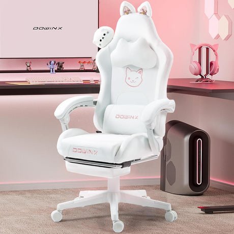 Dowinx Gaming Chair Cute with Cat Ears and Massage Lumbar Support, Ergonomic Computer Chair for Girl with Footrest and Headrest, Comfortable Reclining Game Chair 290lbs for Adult, Teen, White Dowinx