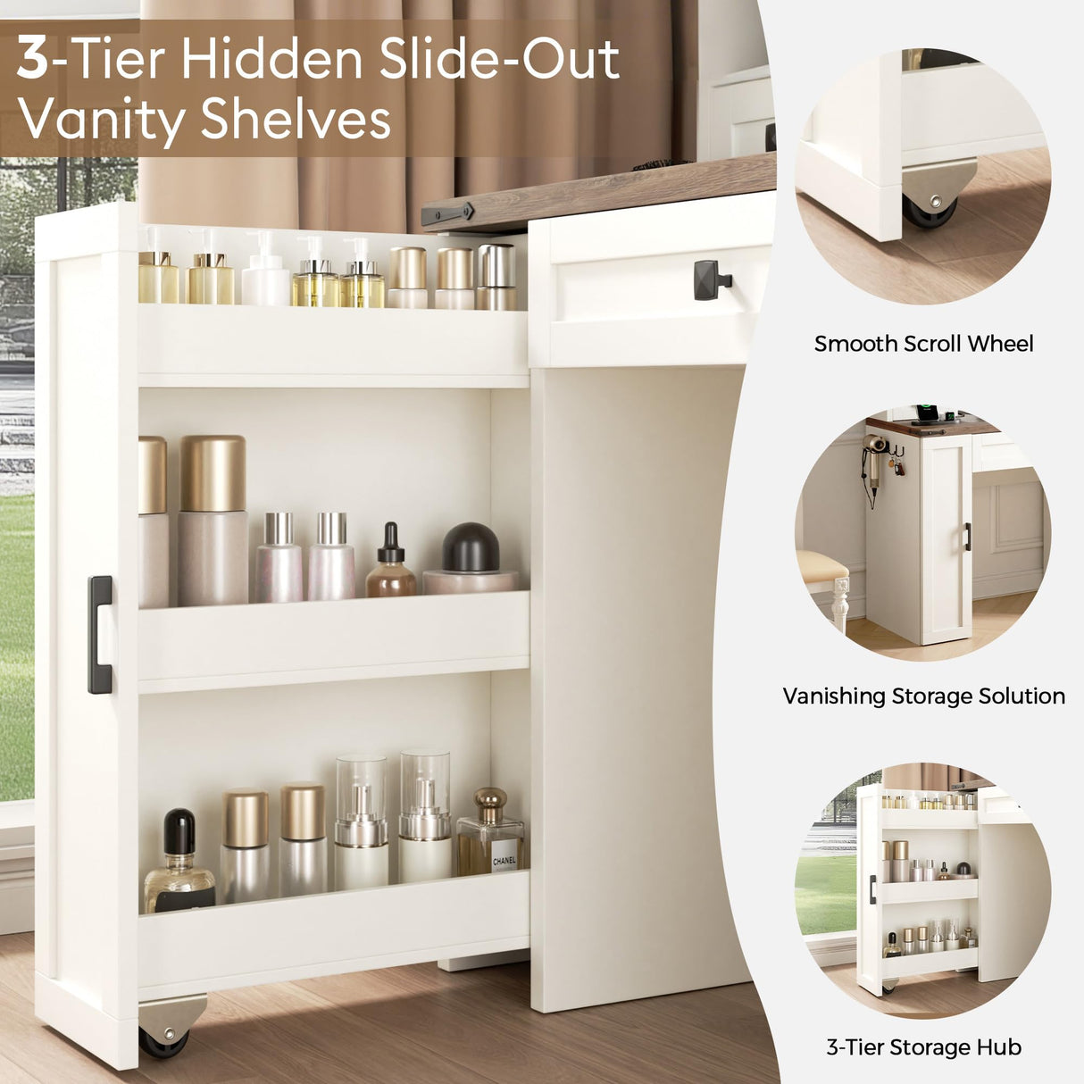 Farmhouse Makeup Vanity Desk with Sliding Mirror and Lights, Glass Desktop Makeup Vanity Desk with Charging Station, 3-Tier Hidden Slide-Out Vanity Shelves, Jewelry Storage Cabinet, 2 Drawers-White Jocoevol