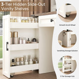 Farmhouse Makeup Vanity Desk with Sliding Mirror and Lights, Glass Desktop Makeup Vanity Desk with Charging Station, 3-Tier Hidden Slide-Out Vanity Shelves, Jewelry Storage Cabinet, 2 Drawers-White Jocoevol