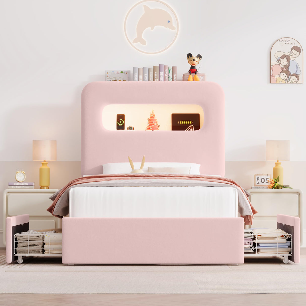 HOSTACK Twin LED Bed Frame with Storage Headboard and Charging Station, Girls Bed Frame with 2 Drawers and USB Ports, Velvet Upholstered Platform Bed Frame with Bookcase, No Box Spring Needed, Pink HOSTACK