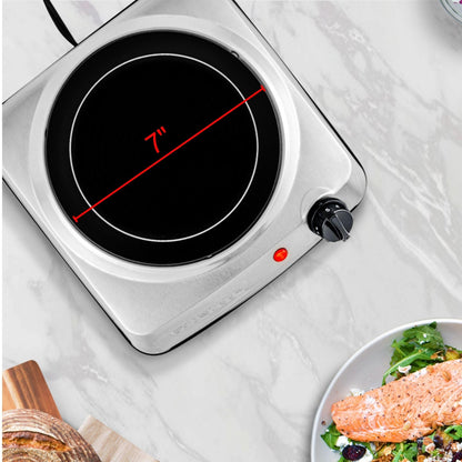 OVENTE Countertop Infrared Single Burner, 1000W Electric Hot Plate with 7” Ceramic Glass Cooktop, 5 Level Temperature Setting & Easy to Clean Base, Compact Stove for Home Dorm Office, Silver BGI101S