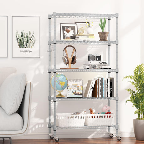 Himimi 5-Tier Storage Shelf Wire Shelving Unit on Wheels, Adjustable Heavy Duty Metal Shelves with Side Hooks, Steel Rack Organization for Kitchen Garage Basement, Silver Himimi