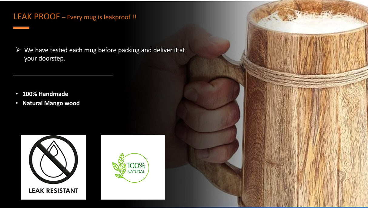 Frescorr Wooden Beer Mugs, 100% Authentic and HANDWADE, Top Grade Natural Handmade Retro Brown Wood mug with Handle for Drinking Tea Coffee Wine Beer Hot, cold Drinks, 17-18oz Frescorr