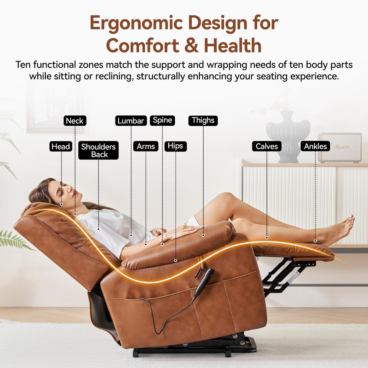 AIRSKY Power Lift Recliner Chair, Faux Leather, with Vibration Massage & Lumbar Heating, Dual Cup Holders & Side Pockets, Ideal for Elderly, Living Room, P3, Brown AIRSKY