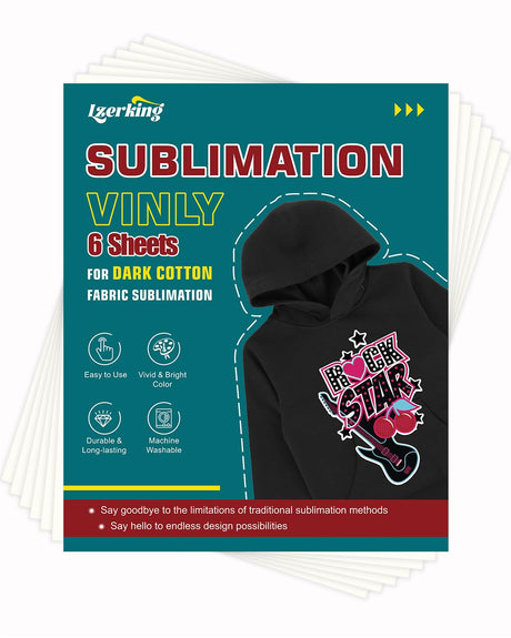 Lzerking Sublimation Htv for Dark Fabric 6 Pack 12" x 10" Matte Sublimation Vinyl for Cotton Shirts, Bags, Gifts, Easy Subli Heat Transfer Vinyl Compatible with Cricut, Siser Romeo Cutting Machines Lzerking