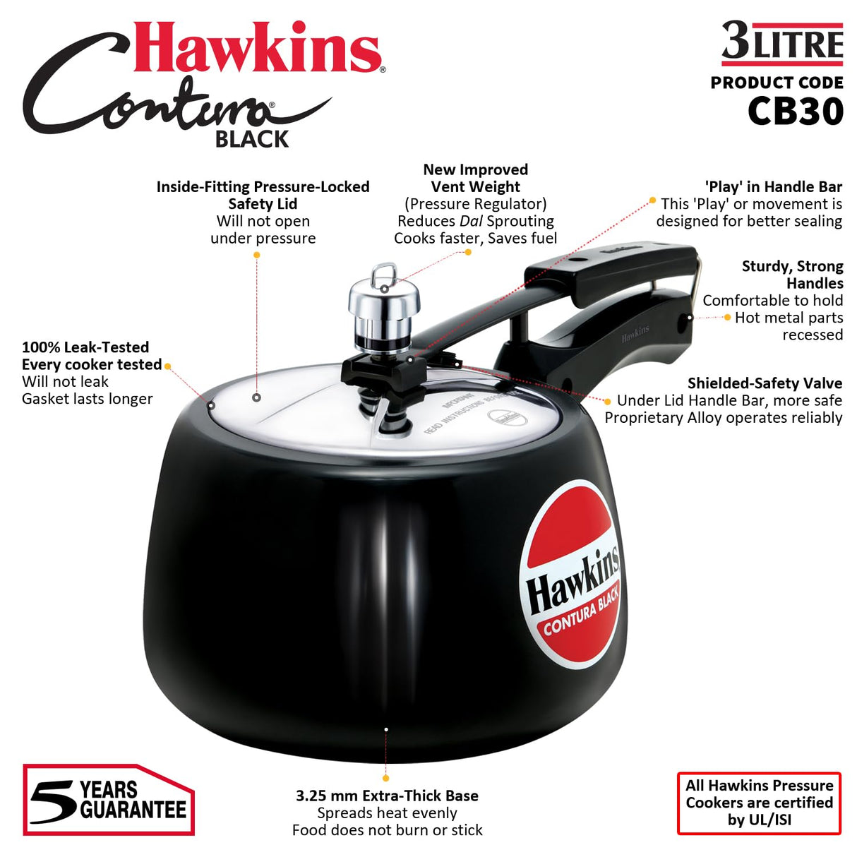 Hawkins 3 Litre Contura Black Pressure Cooker, Hard Anodised Inner Lid Cooker, Handi Cooker, Black (CB30) HAWKINS