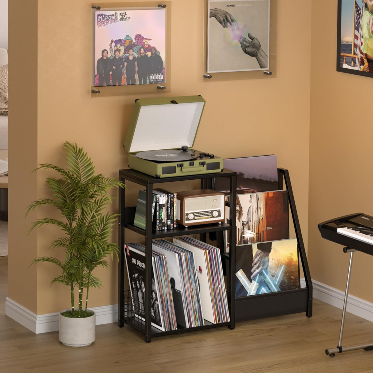 LELELINKY Black End Table,Record Player Stand with Vinyl Storage,3 Tier Side Table with Display Shelf Storage Up to 150 Albums,Industrial Large Record Holder Cabinet for Living Room LELELINKY