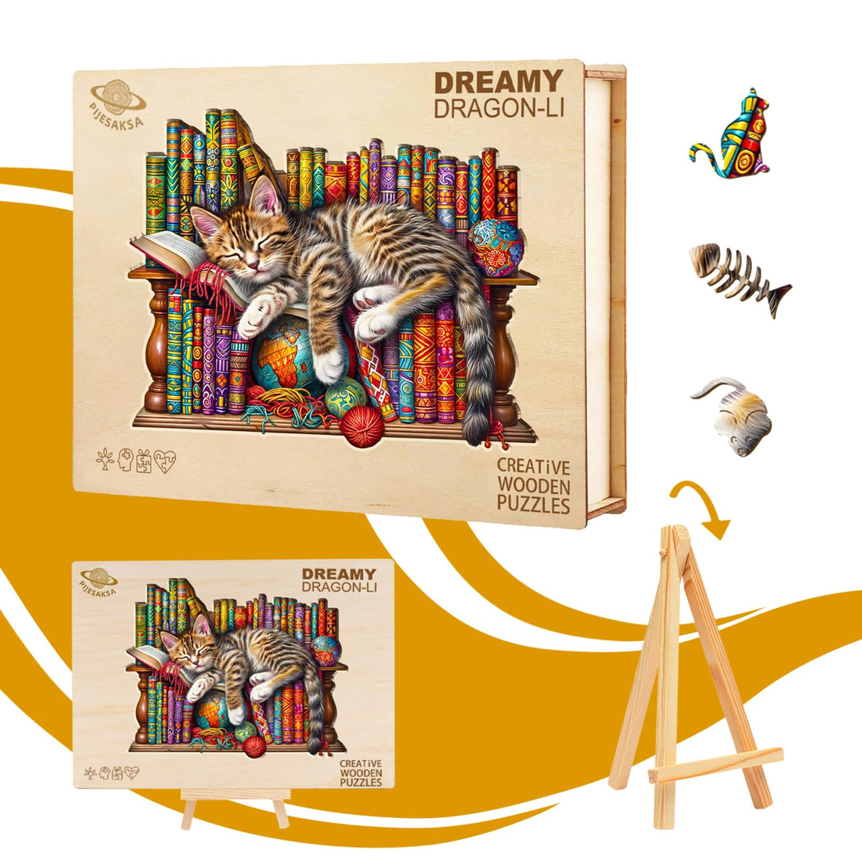 Wooden Puzzles for Adults, Snoozing Cat Wooden Jigsaw Puzzles for Adults, Library Kitten Wood Puzzles Adult, Unique Animal Shape, Gifts for Cat Lovers & Friends, Home Decor (XL -17.3 * 14in -450 pcs) Pijesaksa