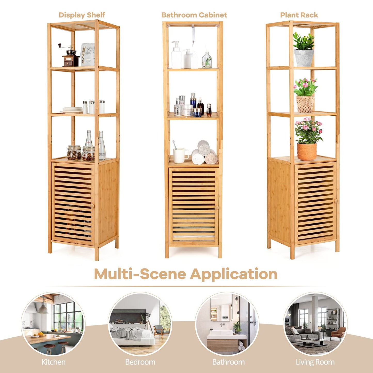 Giantex Bamboo Storage Cabinet, 4-Tier Slim Shelving Unit with Shutter Door & Anti-Toppling Device, Freestanding Tower Corner Rack Floor Cabinet for Bathroom, Living Room, Kitchen, Natural