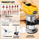 Cordless Router for DeWalt 20V Battery (Tool Only), 6 Speeds 30,000RPM Brushless Compact Router for Woodworking, Palm Router with Trim Router Bits, Edge & Roller Guide, Dust Hood Yuqutum