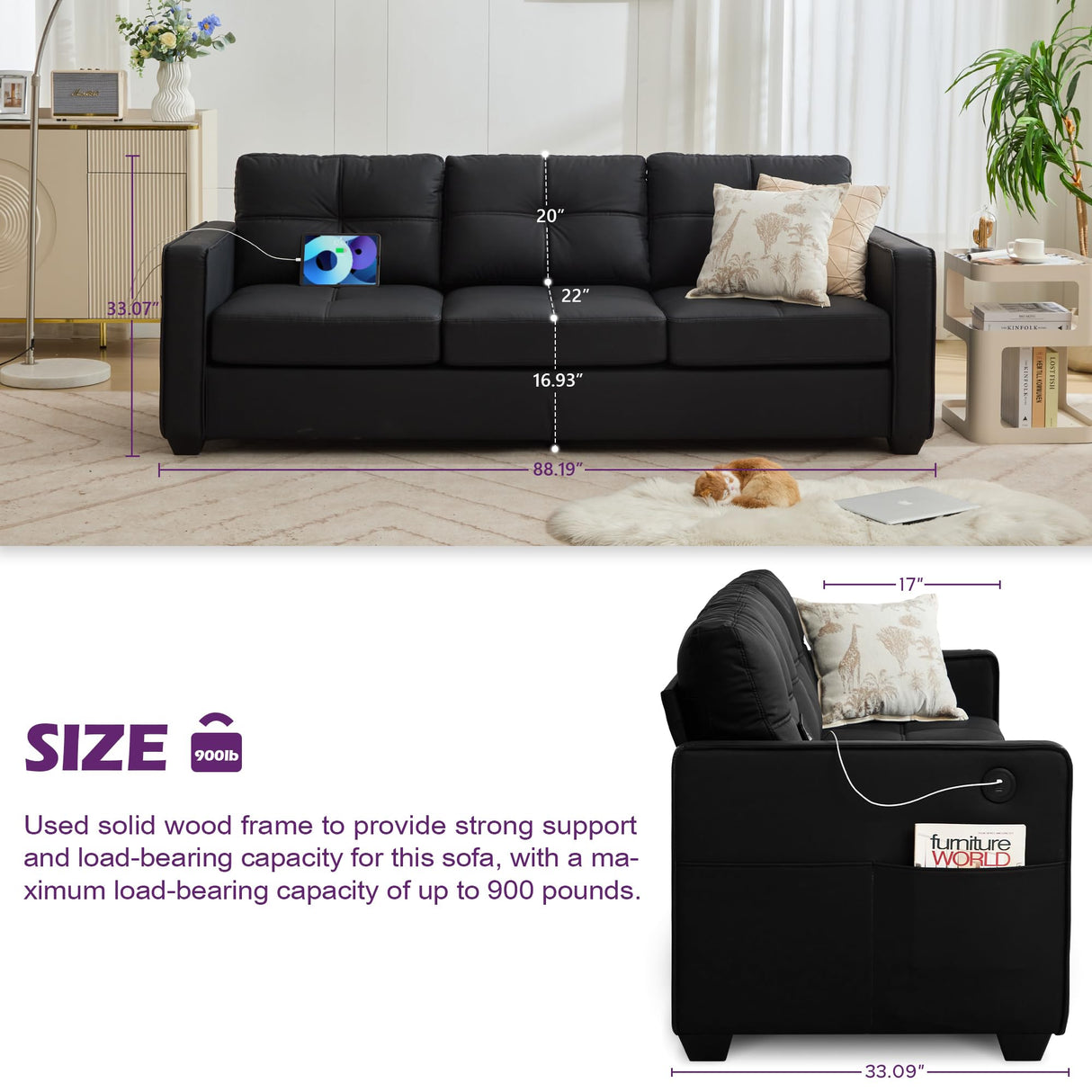 TYBOATLE 88" W Black Faux Leather Sofa Couches for Living Room, Mid-Century Modern Tufted Comfy Small Loveseat w/USB and Wide Arms, 3 Seater Office Cloud Couch for Small Space Apartment Bedroom TYBOATLE