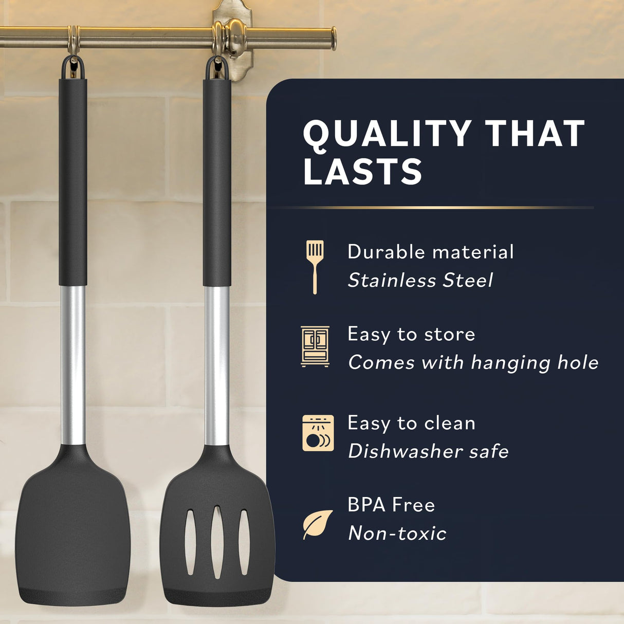 Home Hero Silicone Spatula Set with Ergonomic Handles - Stainless Steel High Heat Resistant Solid & Slotted Turner, BPA Free Non Stick Kitchen Utensils Set - Rubber Spatula (2 Pcs - Black) Home Hero