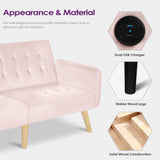 TYBOATLE 65" W Velvet Modern Convertible Folding Futon Couch Sofa Bed w/ 2 USB Charging Ports and arms, Loveseat for Compact Living Space, Dorm, Game Studio, Bonus Room, Apartment, Bedroom (Pink) TYBOATLE
