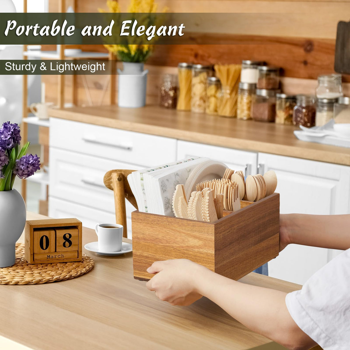 DRASTAR Utensil Caddy, Silverware Caddy for Party, Acacia Wood Silverware Holder, Silverware Organizer Countertop, Cutlery Storage Containers for Kitchen Table DRASTAR