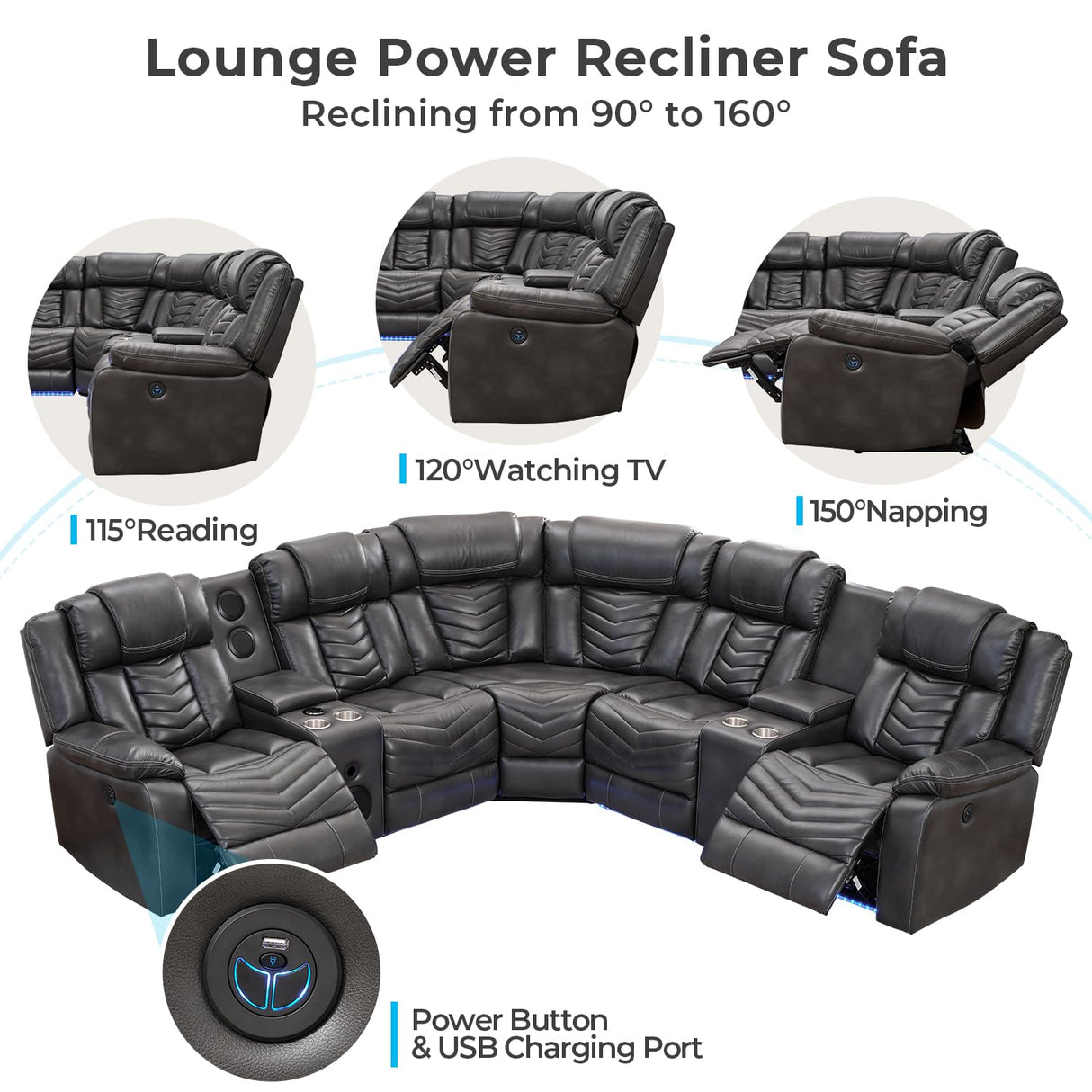 Comfort Stretch Power Recliner Sectional Sofa Couches with Bass Speakers for Living Room, Faux Leather Reclining Corner Sectionals Sofa Couch Sets with LED Light, Electric Theater Recliners Home,Grey Comfort Stretch