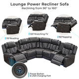 Comfort Stretch Power Recliner Sectional Sofa Couches with Bass Speakers for Living Room, Faux Leather Reclining Corner Sectionals Sofa Couch Sets with LED Light, Electric Theater Recliners Home,Grey Comfort Stretch
