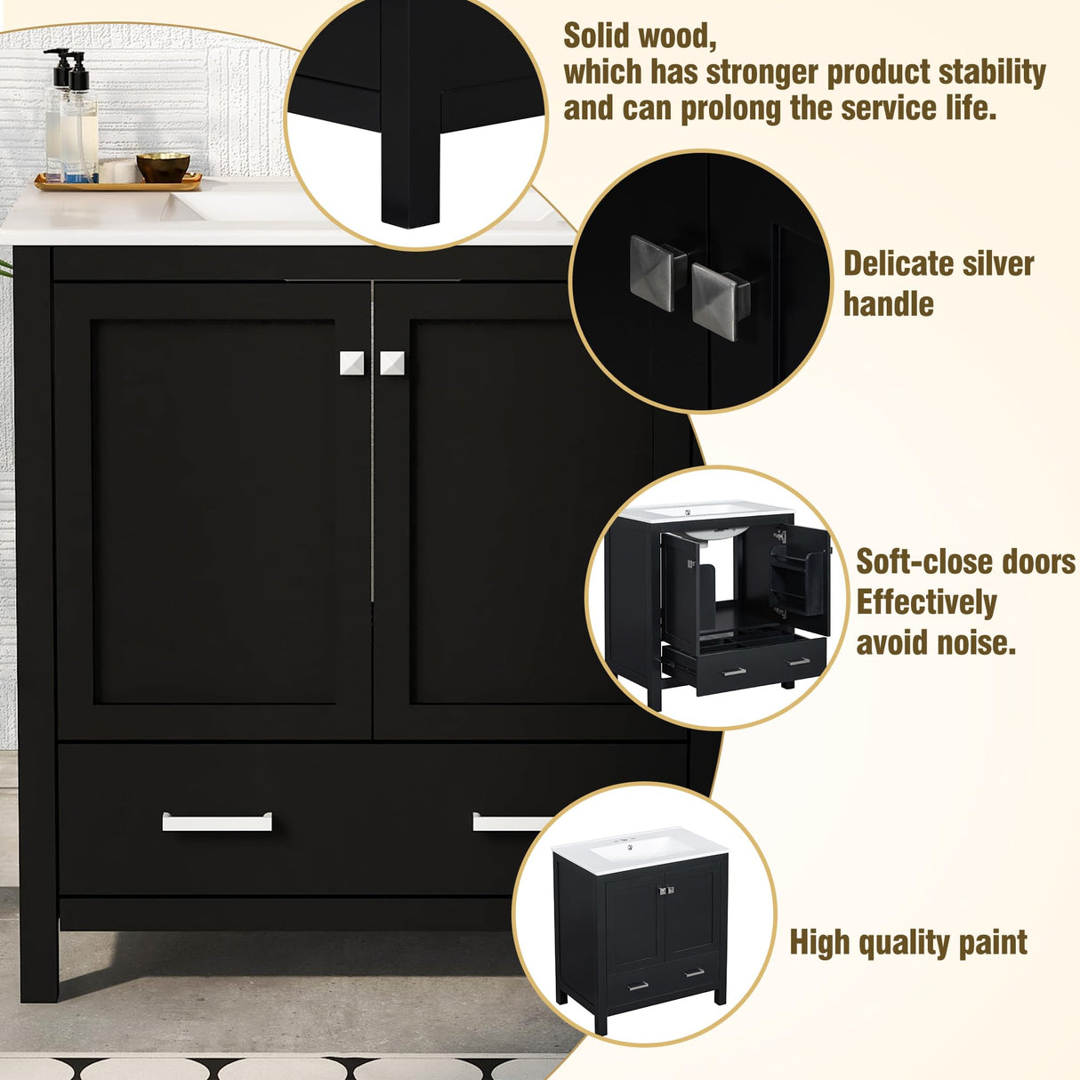 Mirightone 30 in Bathroom Vanity with Sink, Bathroom Vanity 30 Inch with Sink, 30 Vanity with Sink for Bathroom, 30" Restroom Sink Vanity with Cabint, Door Shelf and Drawer for Bathroom (Black) Mirightone