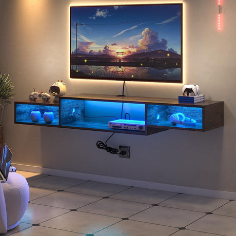 4 EVER WINNER Floating TV Shelf with LED Lights and Power Outlet, 59" TV Stand for Cable Box Audio Video, Floating Entertainment Center for Living Room, Bedroom, Rustic Brown 4 EVER WINNER