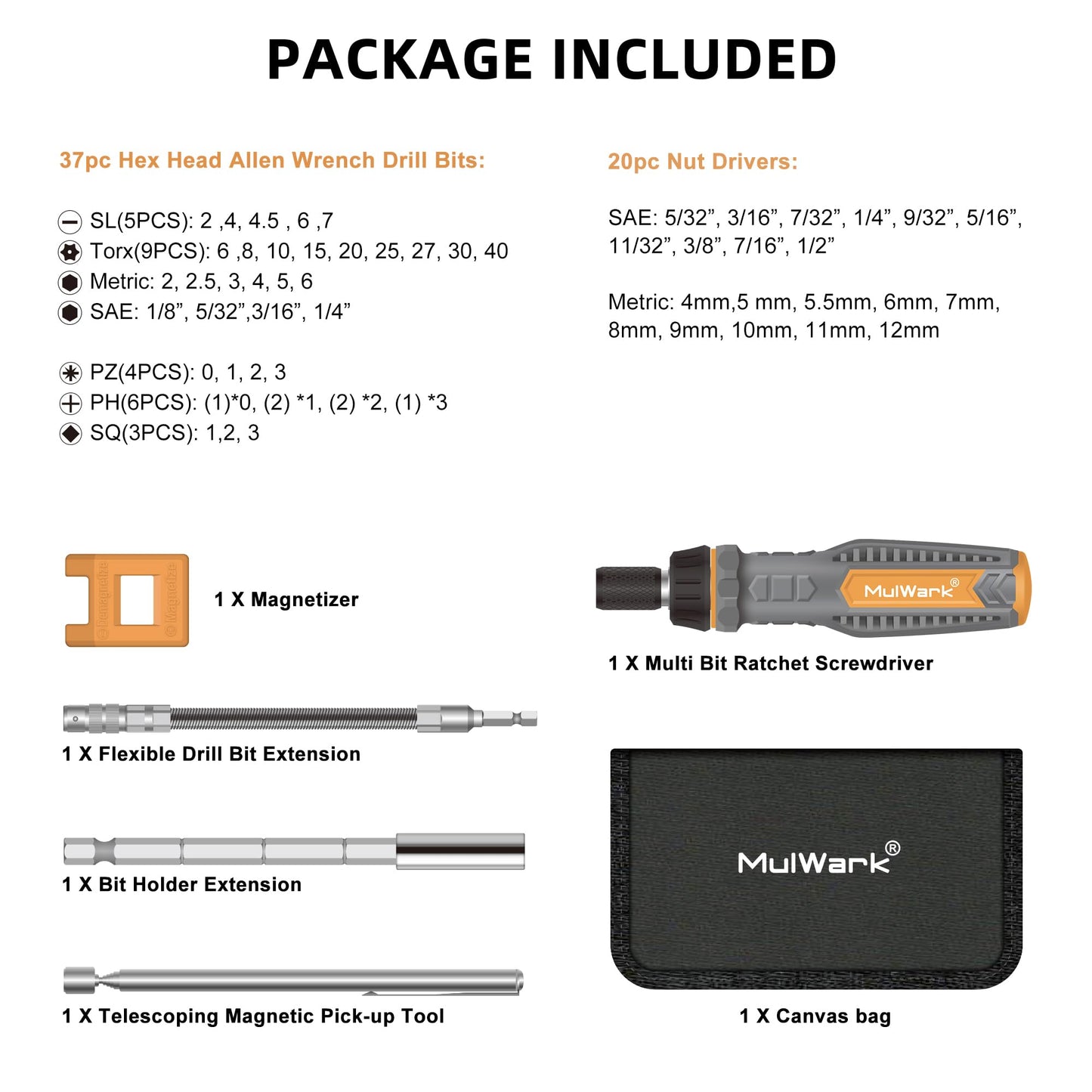 MulWark 63PC Magnetic Ratcheting Screwdriver Bit Set- Multibit Screw Driver, Screwdriver Bits- Slotted/Torx/Hex/Pozi/Philips/Square, Nut Drivers- SAE, Metric - WoodArtSupply