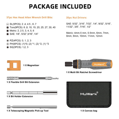 MulWark 63PC Magnetic Ratcheting Screwdriver Bit Set- Multibit Screw Driver, Screwdriver Bits- Slotted/Torx/Hex/Pozi/Philips/Square, Nut Drivers- SAE, Metric - WoodArtSupply