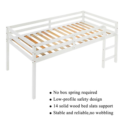 LoLado Twin Low Loft Bed for Kids with Ladder and Guard Rails - Sturdy Solid Wood Frame in White - WoodArtSupply