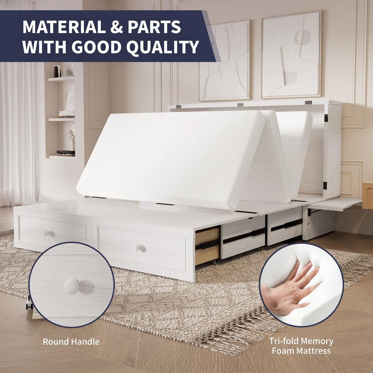 ijuicy Murphy Bed Queen with Foam Mattress, Convenient Murphy Bed Cabinet with Charging Station & Storage Board, Bed That Folds into Cabinet with Large Storage Drawer for Bedroom,Guest Room(White) ijuicy