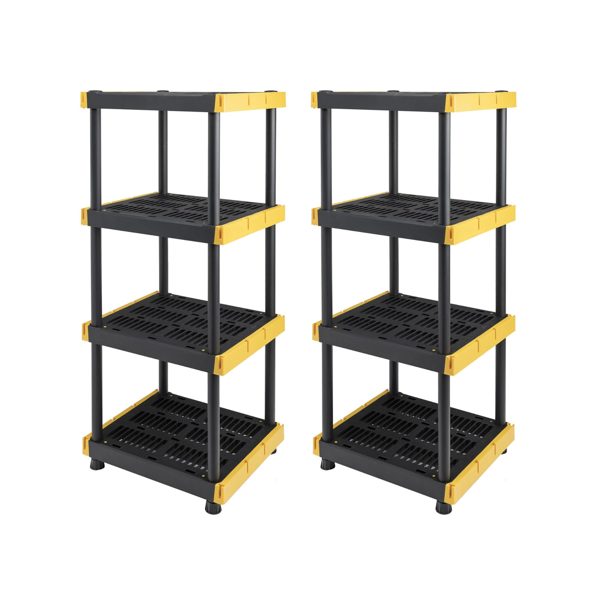 BLACK & YELLOW 4-Tier Heavy Duty Plastic Storage Shelving Unit, 100lbs/shelf (55" x 24" x 20"), for Indoor/Outdoor Organization, Modular Rack, Extremely Durable, Made in The USA [2 Pack] BLACK & YELLOW