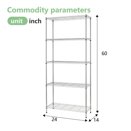 FDW 14" D×24" W×60" H Wire Shelving Unit Metal Commercial Shelf with 5 Tier Layer Rack Strong Steel for Restaurant Garage Pantry Kitchen Garage,Chrome