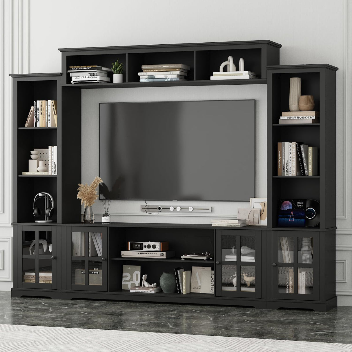 ROMSHINE Wall Unit Entertainment Center, TV Wall Units for Living Room with Storage, 102" W Large Farmhouse TV Stand with Glass Doors, Ajustable Bookshelf & Bridge for Bedroom, Black ROMSHINE