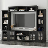 ROMSHINE Wall Unit Entertainment Center, TV Wall Units for Living Room with Storage, 102" W Large Farmhouse TV Stand with Glass Doors, Ajustable Bookshelf & Bridge for Bedroom, Black ROMSHINE