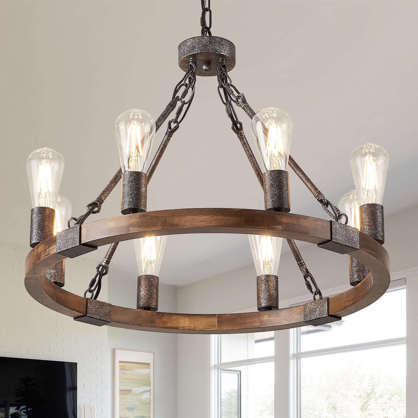 Benkut Farmhouse Wagon Wheel Chandelier 23.6" Black Rustic Light Fixtures 8-Light Wood Round Chandelier for Dining Room Kitchen Entryway Foyer