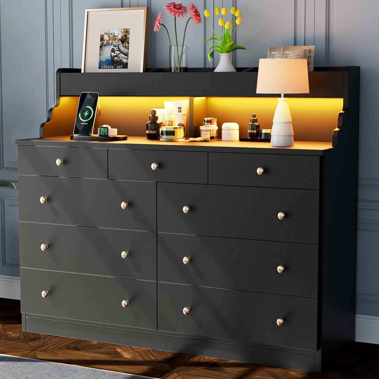 Yeyawomy 9 Drawer Dresser with Led Light and Charging Station, Anti-tip Chest of Drawers, Black Long Wood Dresser for Bedroom, Entryway, Hallway, Entryway, and Living Room Yeyawomy