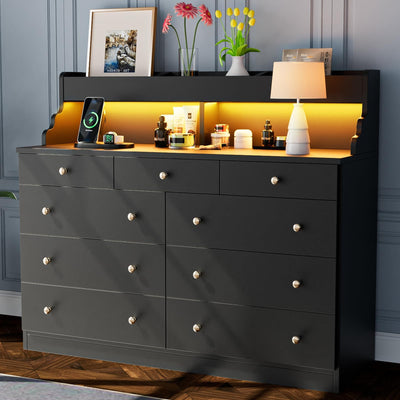 Yeyawomy 9 Drawer Dresser with Led Light and Charging Station, Anti-tip Chest of Drawers, Black Long Wood Dresser for Bedroom, Entryway, Hallway, Entryway, and Living Room