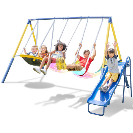 Sportspower Starlight Metal Swing Set with 2 LED Light-Up Swings, Saucer Swing & 5ft Slide – Outdoor Kids Playset with Sturdy Frame and Safety Features Sportspower