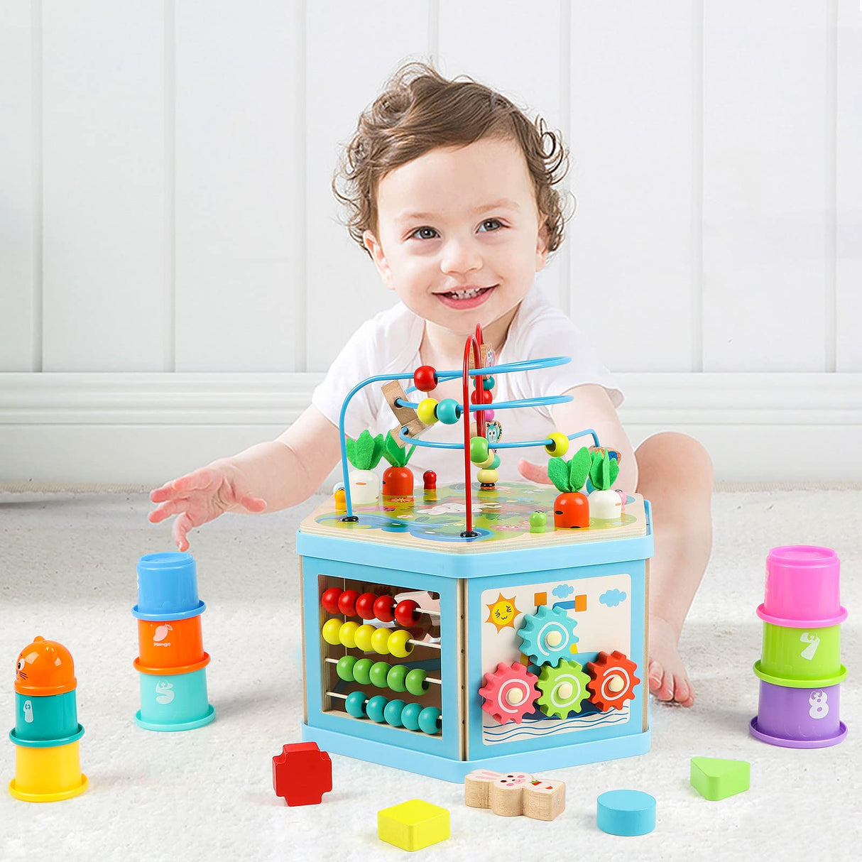 Vomocent Wooden Activity Cube for 1 Year Old Kids, Educational Learning Bead Maze for Toddler Age 1-3, Developmental Montessori Toys for 12-36 Months Boys Girls Gift Vomocent