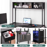 Yoobure L Shaped Desk Gaming Desk with LED Strip & Power Outlet, Reversible L-Shaped Computer Desk with Drawer, Corner Desk with Storage Shelf, 2 Person Home Office Desk, Carbon Fiber Black Yoobure