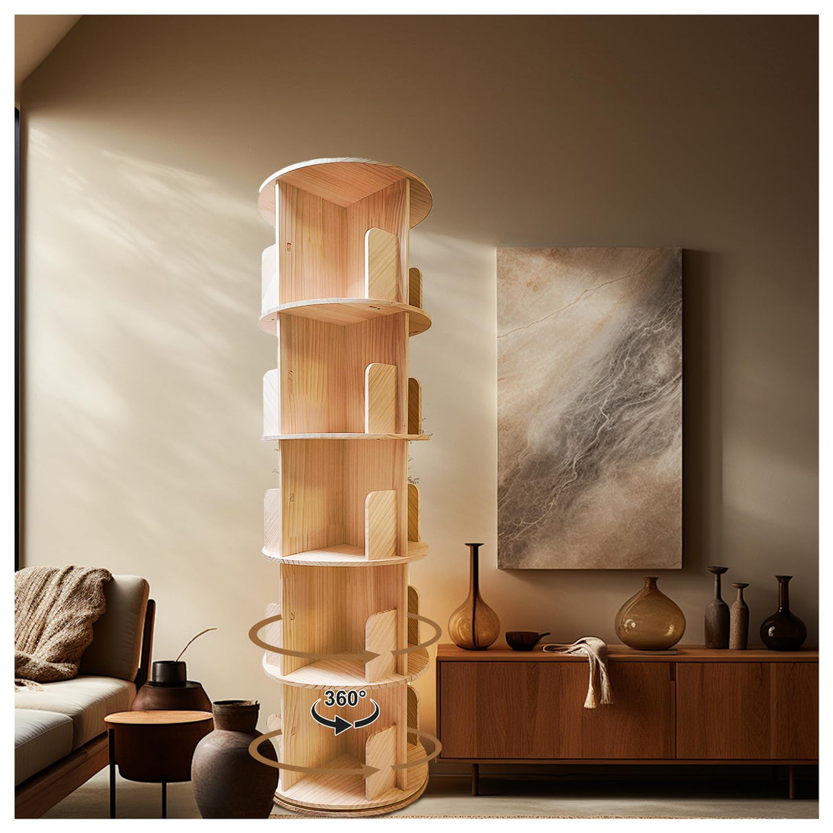 HZYHPDJY Rotating Bookshelf,360 Display Round 5 Tier Floor Standing Bookcase Storage Rack,Wood Spinning Bookshelf Tower for Bedroom,Living Room HZYHPDJY