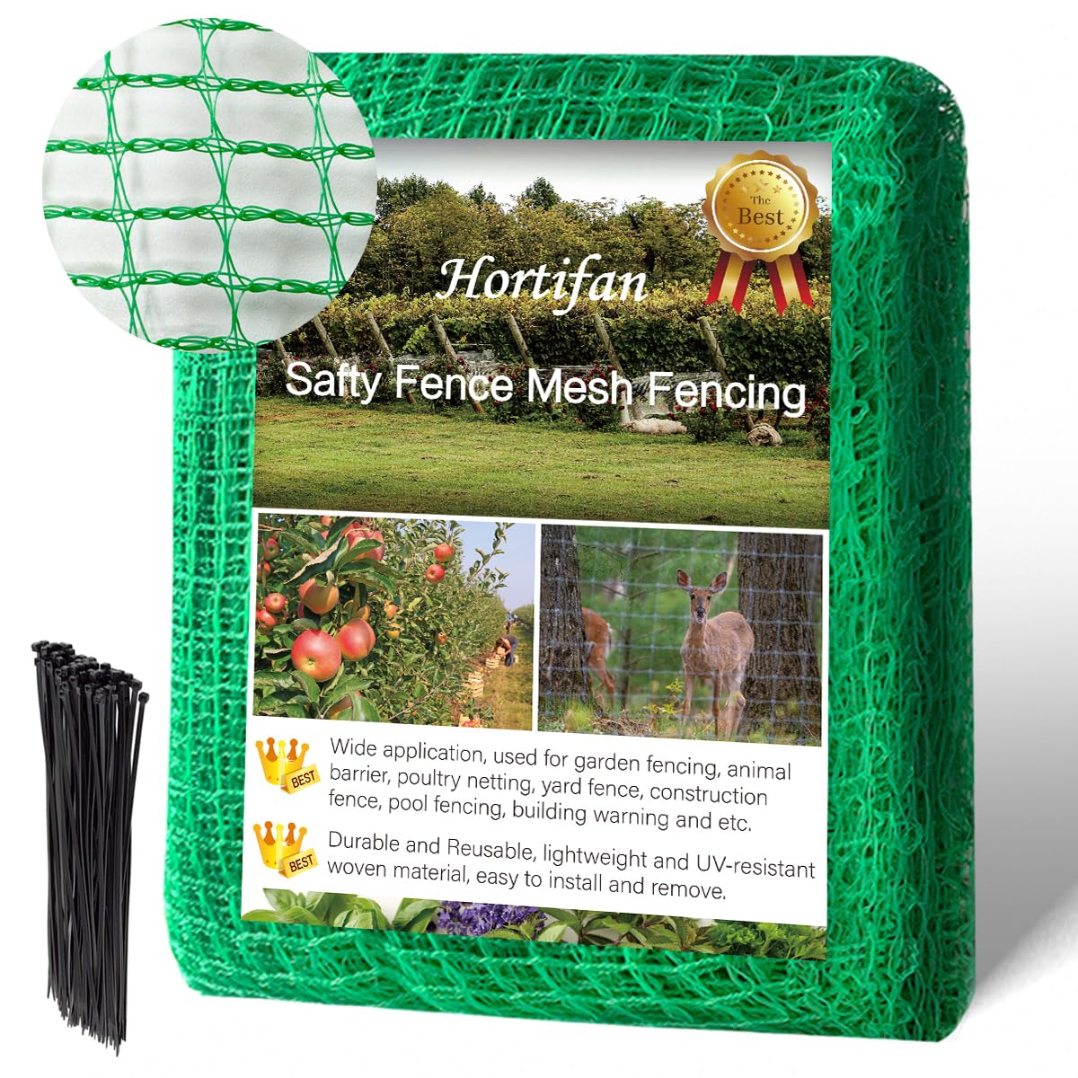 Hortifan Garden Fence Temporary Fence, 4'x100' with 50 Zip Ties, Plastic Fencing Safety Fence Snow Fence, Construction Fencing for Yard, Deer, Pet, Rabbits, Chicken, Dogs, Animal Barrier, Green HORTIFAN