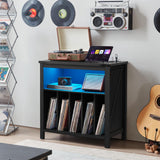 Large Record Player Stand with Charging Station & LED Lights, Black Vinyl Record Storage Holder Holds up to 230 Albums, Turntable Stand with Display Shelf for Music Room Bedroom Living Room. Joaxswe