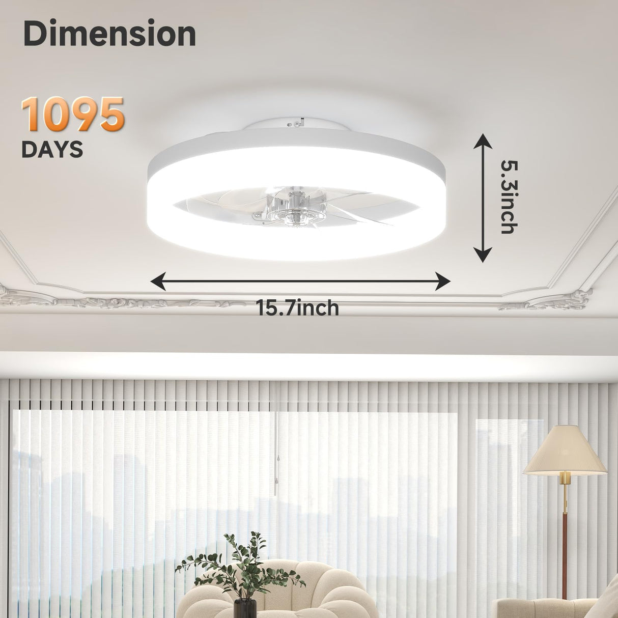 VOLISUN Low Profile Ceiling Fans with Lights and Remote,15.7in Modern Ceiling Fan Flush Mount, 3000K-6500K Dimmable Bladeless LED Fan Light,White Fandelier Ceiling Fans with Lights for Bedroom VOLISUN