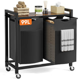 Sweetcrispy Laundry Hamper with 2 Pull-Out Removable Sorter Bags 2 × 13.1Gal (99L) Capacity, Movable Wheels, Freestanding Clothes Basket Organizer in Bathroom, Rustic Brown and Black Sweetcrispy